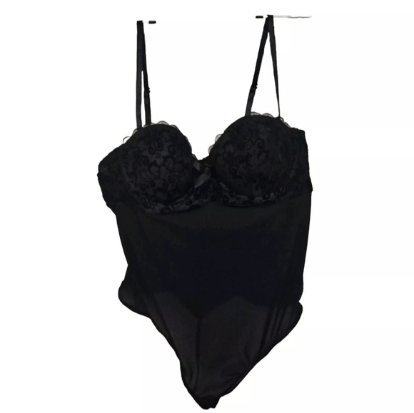 Ambrielle Black Flocked Lace Thong G String Bodysuit Size XL Sexy - Picture 2 of 6